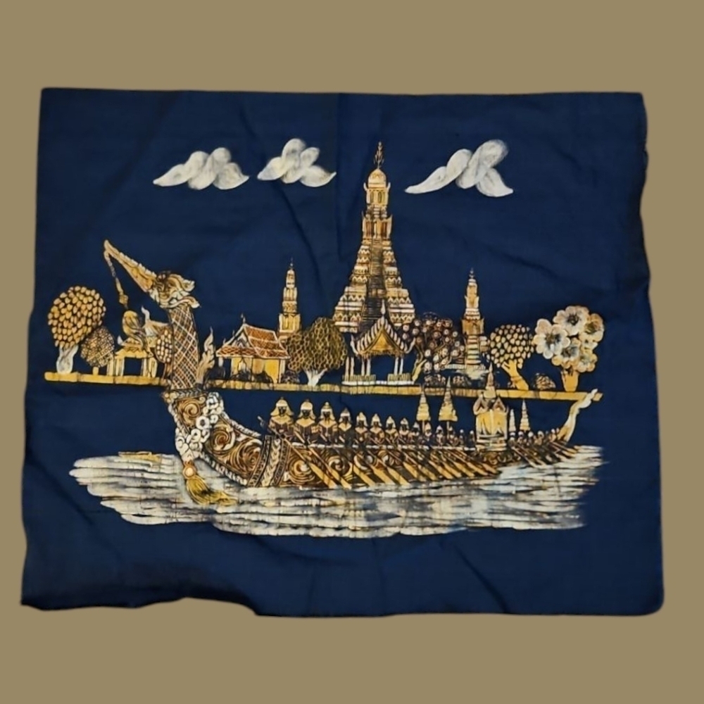 Vintage Navy Blue Thai Dragon Boat Temple Silk Screen Tapestry
